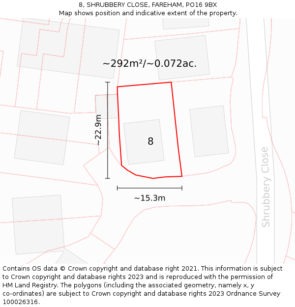 8, SHRUBBERY CLOSE, FAREHAM, PO16 9BX: Plot and title map