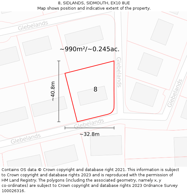 8, SIDLANDS, SIDMOUTH, EX10 8UE: Plot and title map