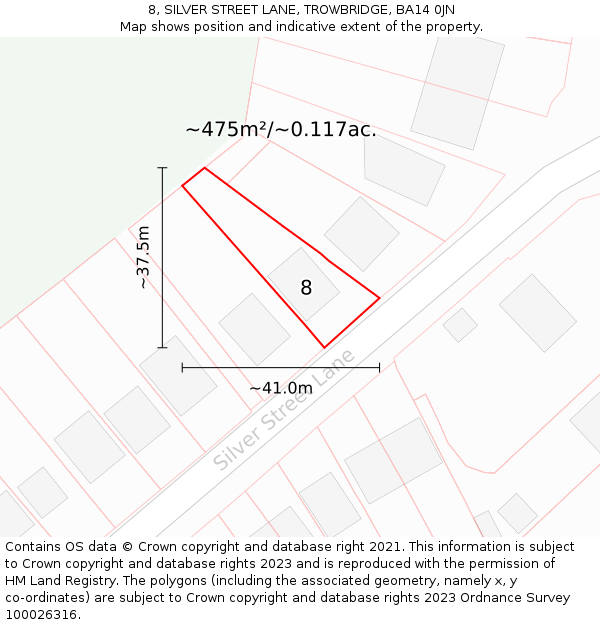 8, SILVER STREET LANE, TROWBRIDGE, BA14 0JN: Plot and title map