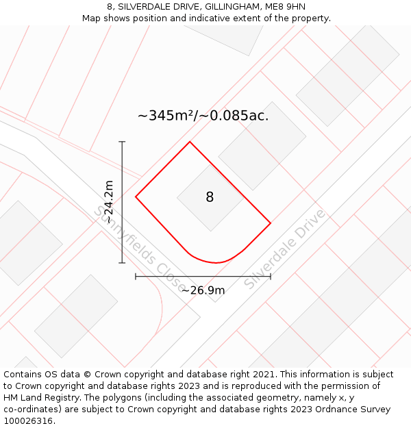 8, SILVERDALE DRIVE, GILLINGHAM, ME8 9HN: Plot and title map