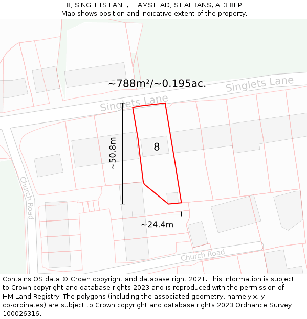 8, SINGLETS LANE, FLAMSTEAD, ST ALBANS, AL3 8EP: Plot and title map