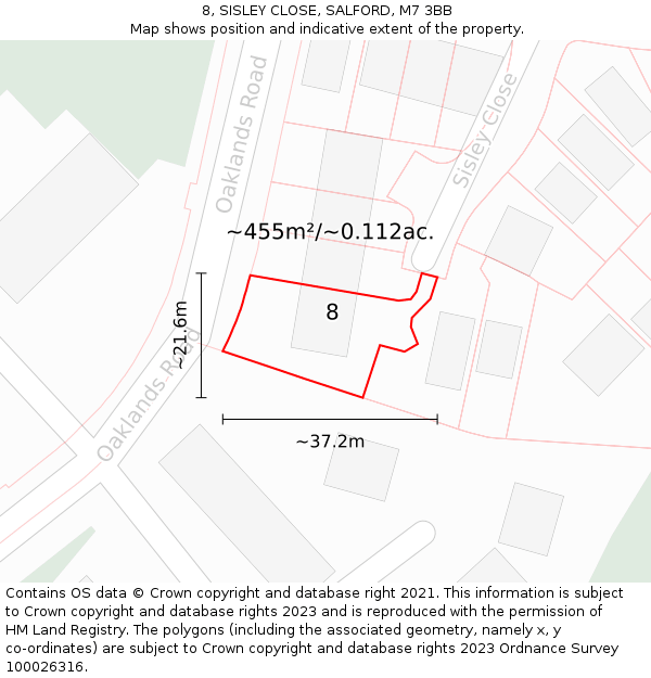 8, SISLEY CLOSE, SALFORD, M7 3BB: Plot and title map