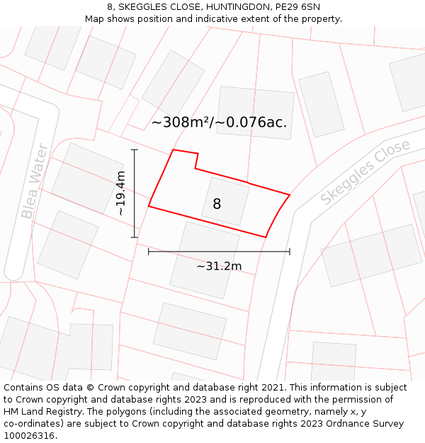 8, SKEGGLES CLOSE, HUNTINGDON, PE29 6SN: Plot and title map