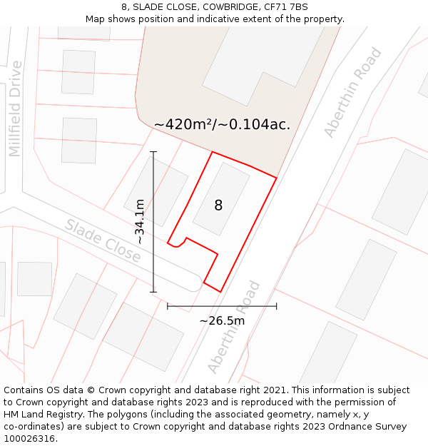 8, SLADE CLOSE, COWBRIDGE, CF71 7BS: Plot and title map
