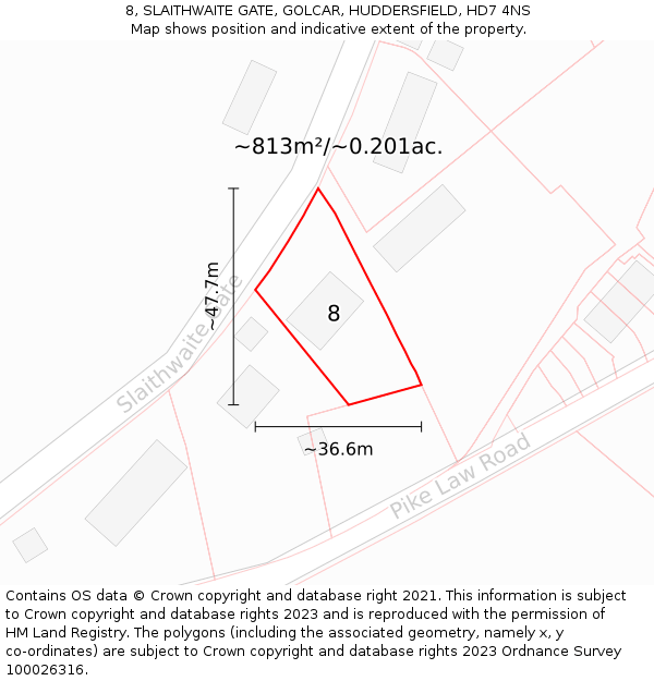 8, SLAITHWAITE GATE, GOLCAR, HUDDERSFIELD, HD7 4NS: Plot and title map