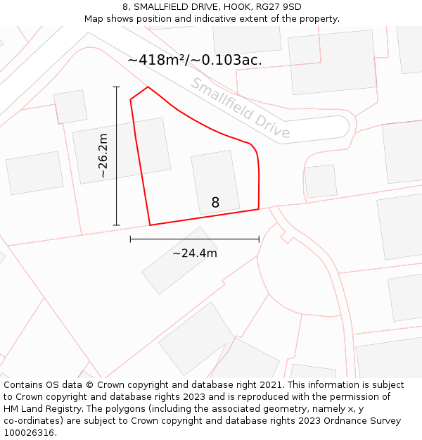 8, SMALLFIELD DRIVE, HOOK, RG27 9SD: Plot and title map