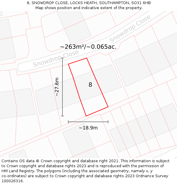 8, SNOWDROP CLOSE, LOCKS HEATH, SOUTHAMPTON, SO31 6HB: Plot and title map
