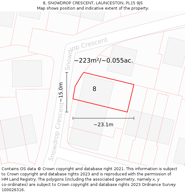 8, SNOWDROP CRESCENT, LAUNCESTON, PL15 9JS: Plot and title map