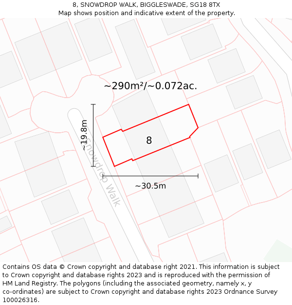 8, SNOWDROP WALK, BIGGLESWADE, SG18 8TX: Plot and title map