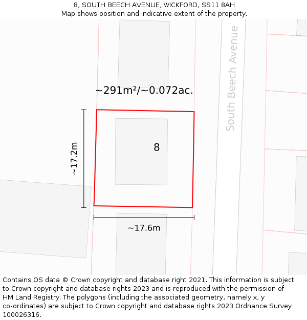 8, SOUTH BEECH AVENUE, WICKFORD, SS11 8AH: Plot and title map