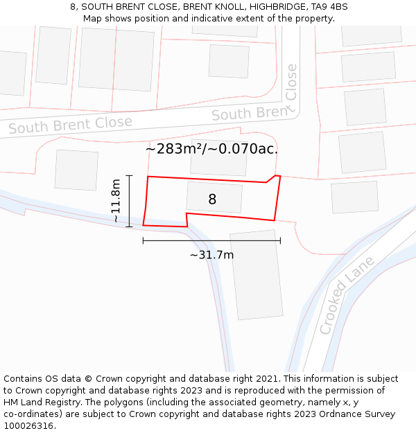 8, SOUTH BRENT CLOSE, BRENT KNOLL, HIGHBRIDGE, TA9 4BS: Plot and title map