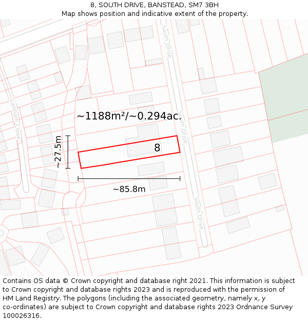 8, SOUTH DRIVE, BANSTEAD, SM7 3BH: Plot and title map