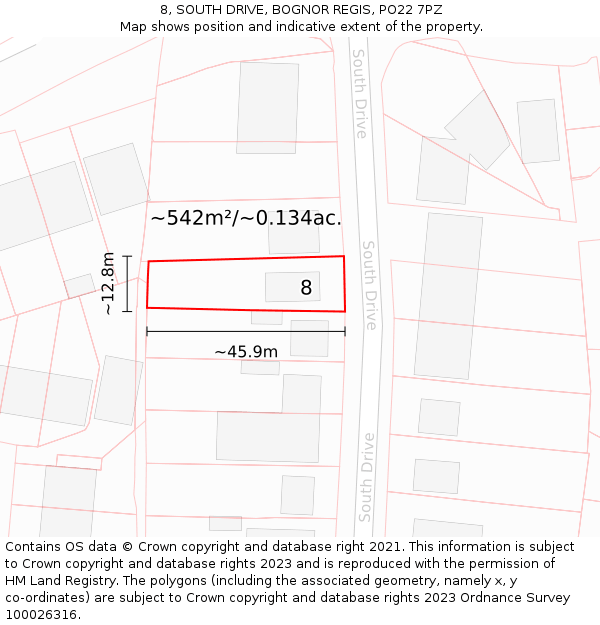 8, SOUTH DRIVE, BOGNOR REGIS, PO22 7PZ: Plot and title map