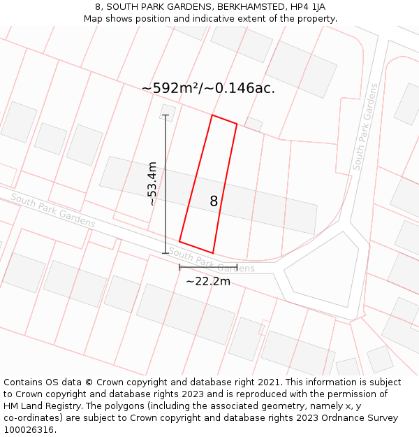 8, SOUTH PARK GARDENS, BERKHAMSTED, HP4 1JA: Plot and title map