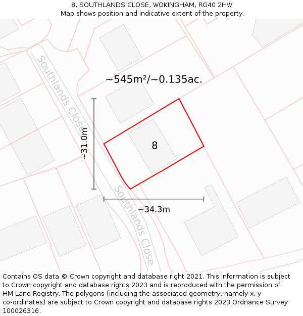 8, SOUTHLANDS CLOSE, WOKINGHAM, RG40 2HW: Plot and title map