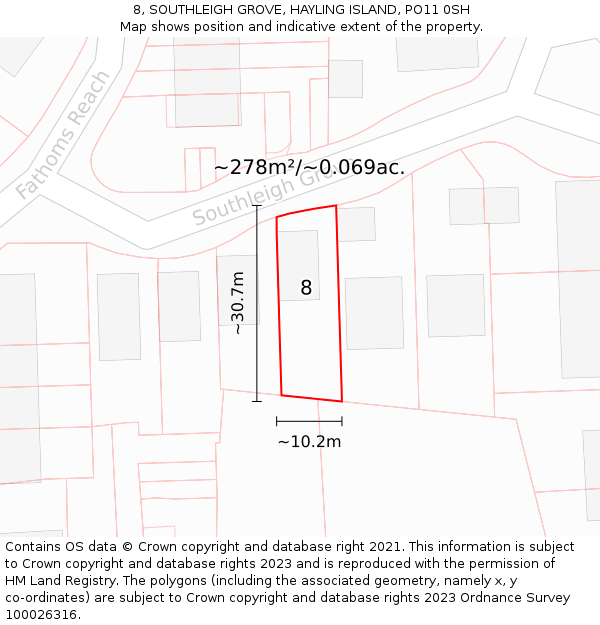 8, SOUTHLEIGH GROVE, HAYLING ISLAND, PO11 0SH: Plot and title map