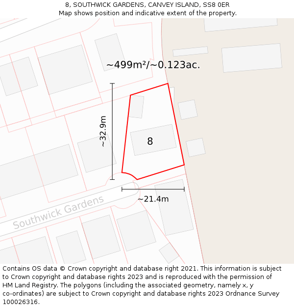 8, SOUTHWICK GARDENS, CANVEY ISLAND, SS8 0ER: Plot and title map