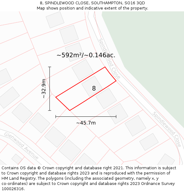 8, SPINDLEWOOD CLOSE, SOUTHAMPTON, SO16 3QD: Plot and title map