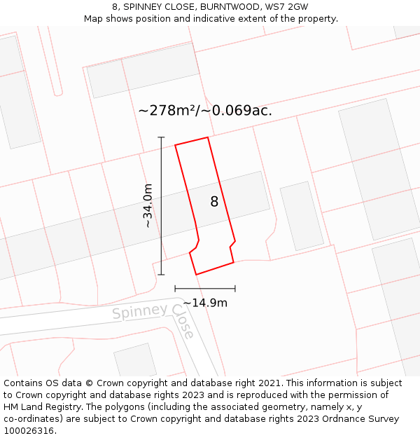 8, SPINNEY CLOSE, BURNTWOOD, WS7 2GW: Plot and title map