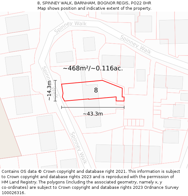 8, SPINNEY WALK, BARNHAM, BOGNOR REGIS, PO22 0HR: Plot and title map