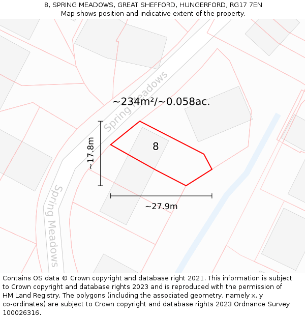 8, SPRING MEADOWS, GREAT SHEFFORD, HUNGERFORD, RG17 7EN: Plot and title map