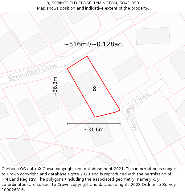 8, SPRINGFIELD CLOSE, LYMINGTON, SO41 3SR: Plot and title map