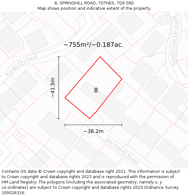 8, SPRINGHILL ROAD, TOTNES, TQ9 5RD: Plot and title map