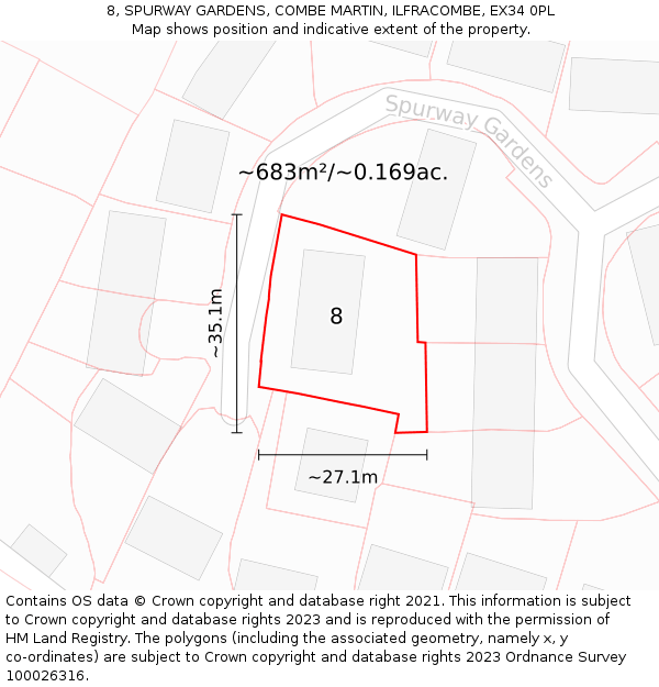 8, SPURWAY GARDENS, COMBE MARTIN, ILFRACOMBE, EX34 0PL: Plot and title map