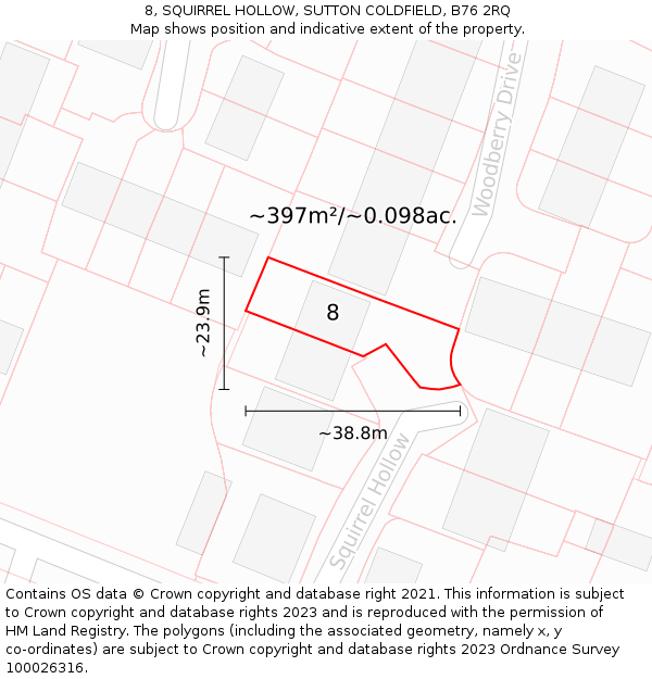 8, SQUIRREL HOLLOW, SUTTON COLDFIELD, B76 2RQ: Plot and title map