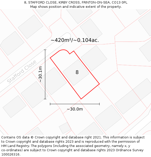 8, STAFFORD CLOSE, KIRBY CROSS, FRINTON-ON-SEA, CO13 0PL: Plot and title map