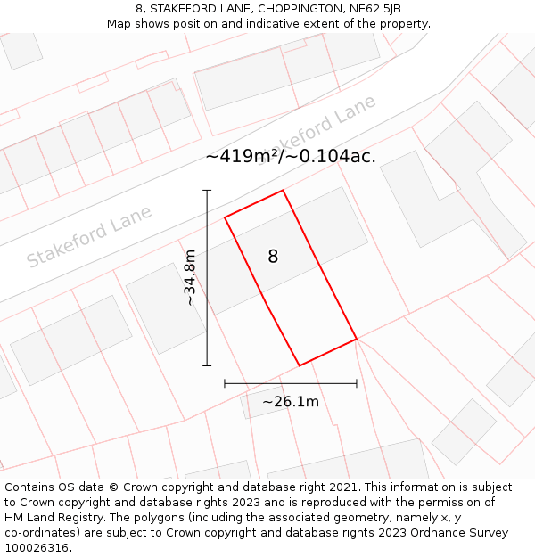 8, STAKEFORD LANE, CHOPPINGTON, NE62 5JB: Plot and title map