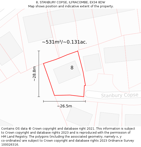 8, STANBURY COPSE, ILFRACOMBE, EX34 8DW: Plot and title map