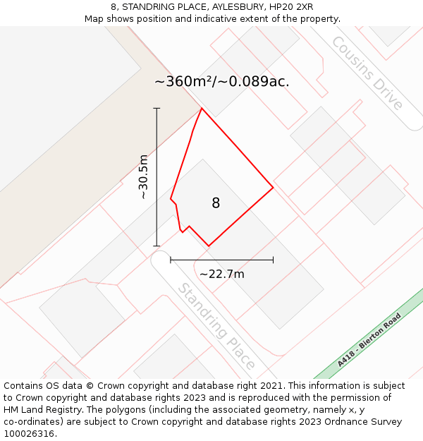 8, STANDRING PLACE, AYLESBURY, HP20 2XR: Plot and title map