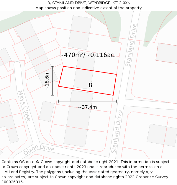 8, STANILAND DRIVE, WEYBRIDGE, KT13 0XN: Plot and title map