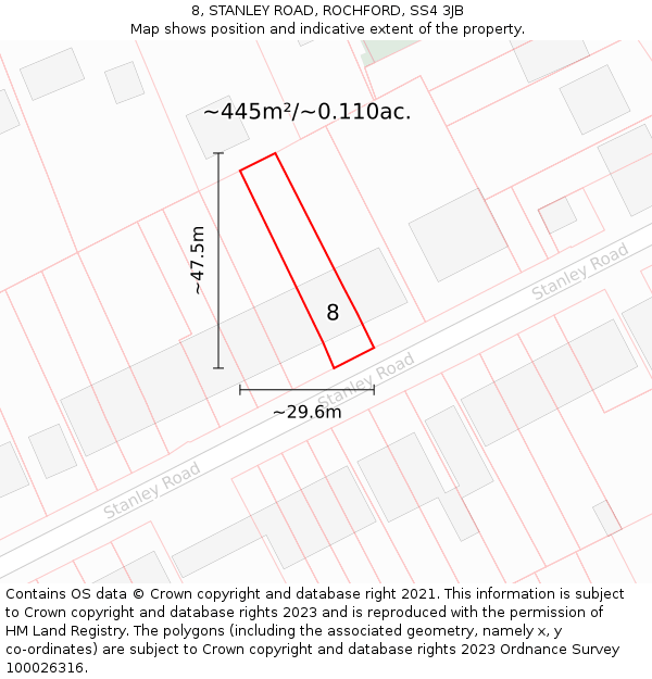 8, STANLEY ROAD, ROCHFORD, SS4 3JB: Plot and title map