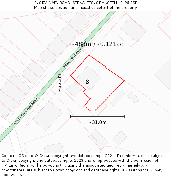 8, STANNARY ROAD, STENALEES, ST AUSTELL, PL26 8SP: Plot and title map