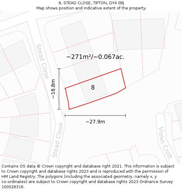 8, STEAD CLOSE, TIPTON, DY4 0BJ: Plot and title map