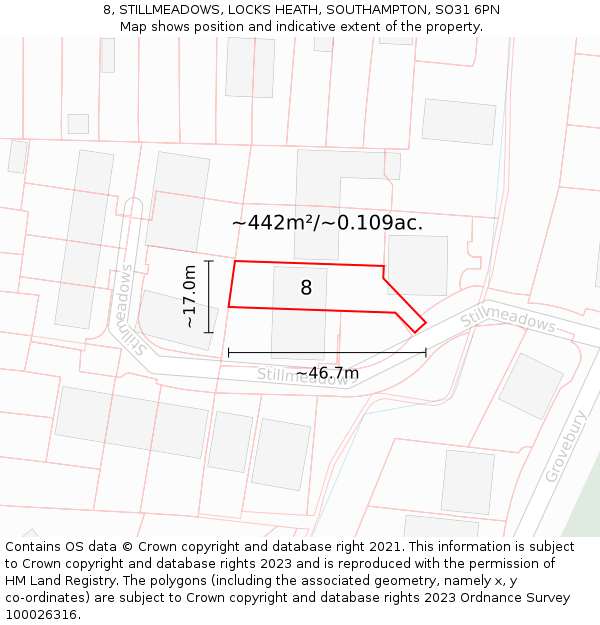 8, STILLMEADOWS, LOCKS HEATH, SOUTHAMPTON, SO31 6PN: Plot and title map
