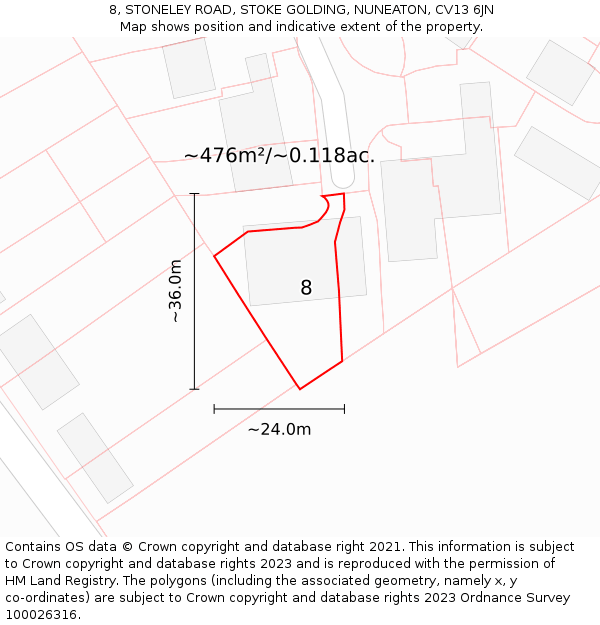 8, STONELEY ROAD, STOKE GOLDING, NUNEATON, CV13 6JN: Plot and title map