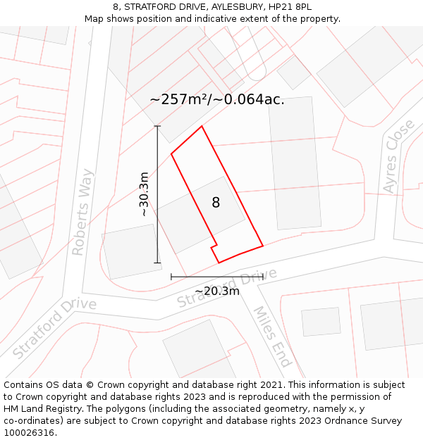 8, STRATFORD DRIVE, AYLESBURY, HP21 8PL: Plot and title map