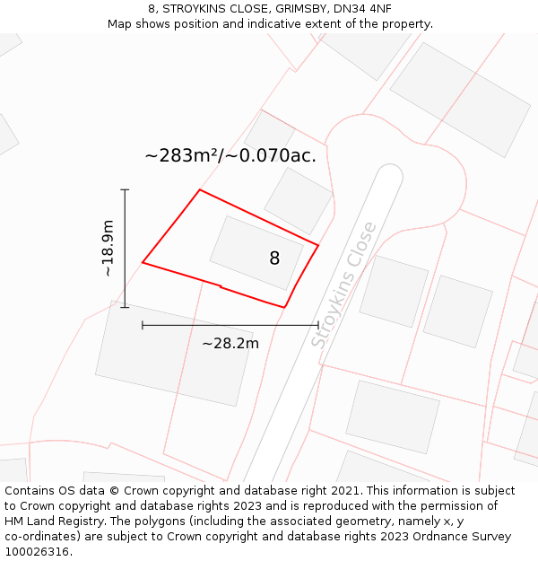 8, STROYKINS CLOSE, GRIMSBY, DN34 4NF: Plot and title map