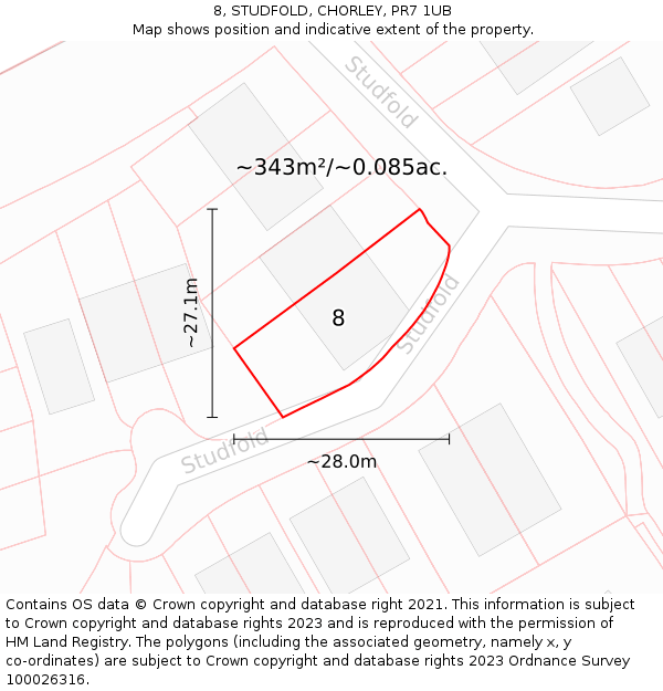 8, STUDFOLD, CHORLEY, PR7 1UB: Plot and title map