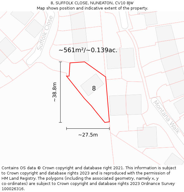 8, SUFFOLK CLOSE, NUNEATON, CV10 8JW: Plot and title map