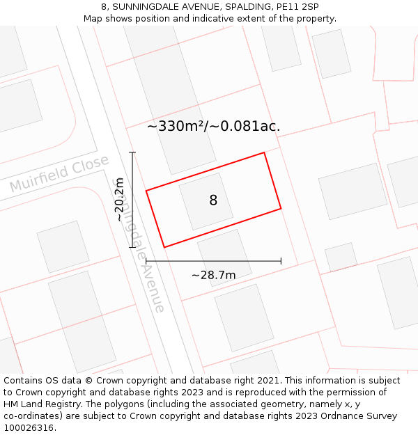 8, SUNNINGDALE AVENUE, SPALDING, PE11 2SP: Plot and title map