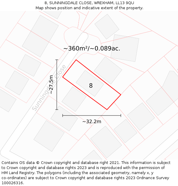 8, SUNNINGDALE CLOSE, WREXHAM, LL13 9QU: Plot and title map