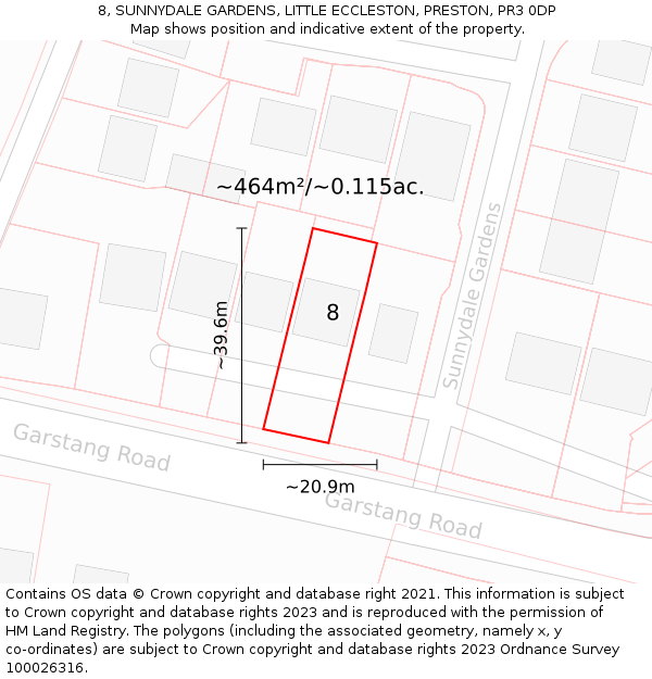 8, SUNNYDALE GARDENS, LITTLE ECCLESTON, PRESTON, PR3 0DP: Plot and title map