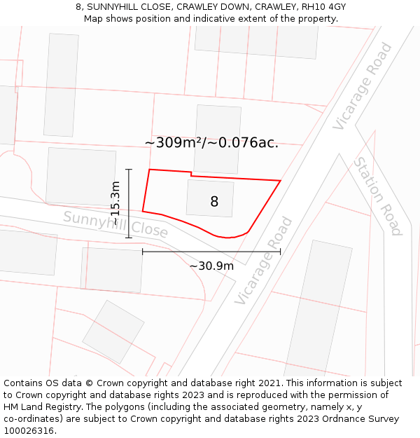 8, SUNNYHILL CLOSE, CRAWLEY DOWN, CRAWLEY, RH10 4GY: Plot and title map