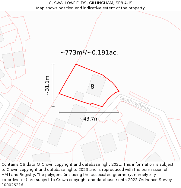 8, SWALLOWFIELDS, GILLINGHAM, SP8 4US: Plot and title map