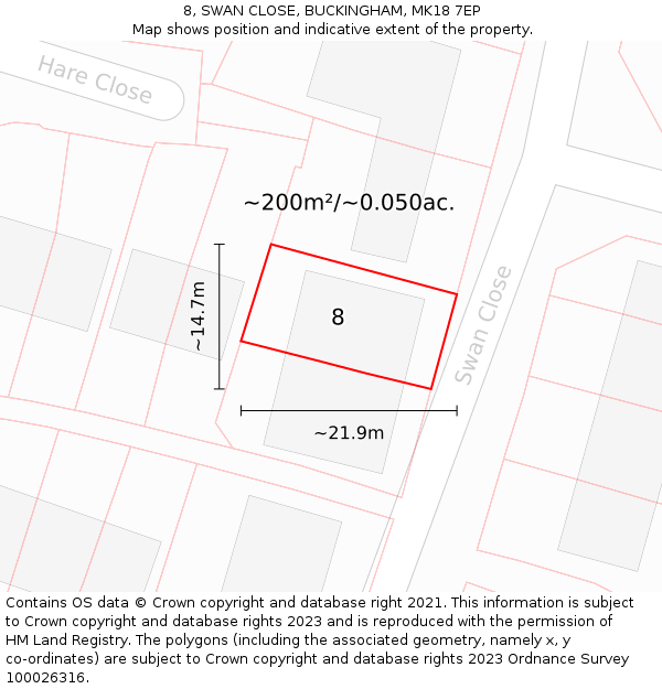 8, SWAN CLOSE, BUCKINGHAM, MK18 7EP: Plot and title map