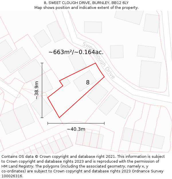 8, SWEET CLOUGH DRIVE, BURNLEY, BB12 6LY: Plot and title map